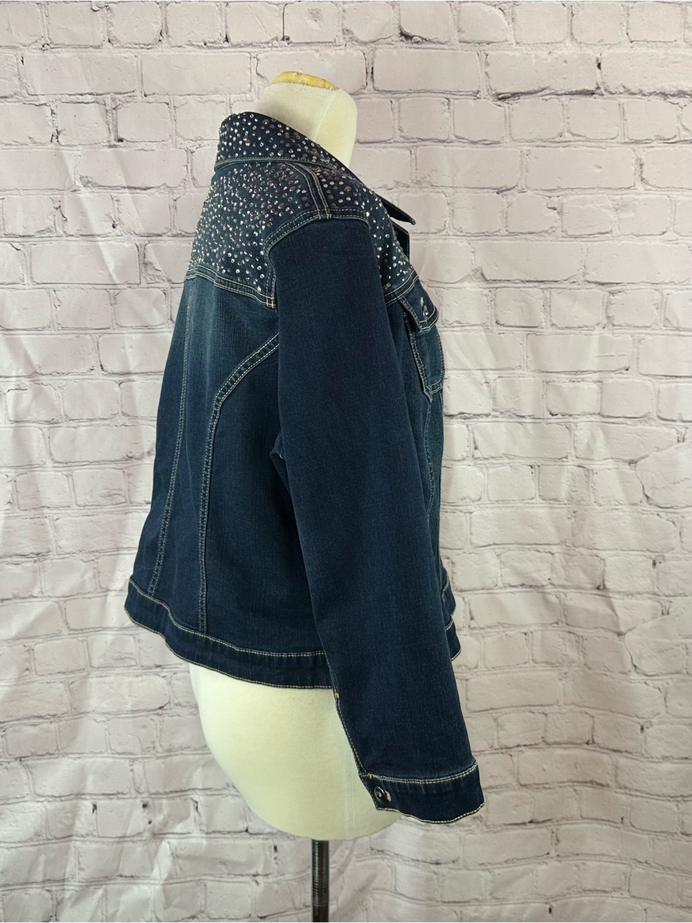 Chico's Dark Blue Denim Jacket with Studded Yoke - Picture 2 of 9